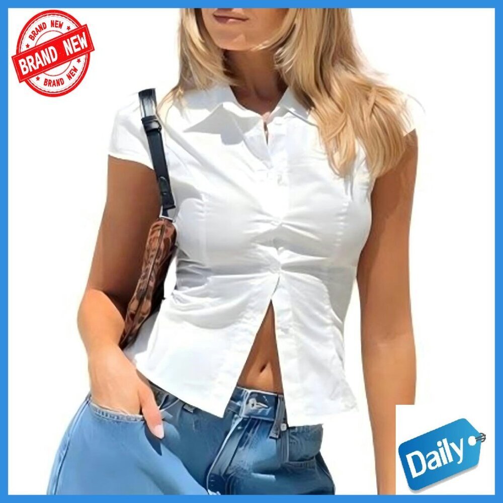 Y2K Plaid Button-Up Crop Top, Fitted V-Neck Blouse, Preppy Style
